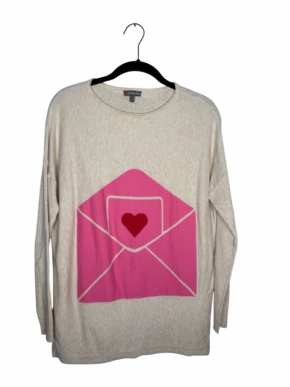 STREET ONE / cream tan pink envelope heart 100% cotton pullover sweater / 36 XS